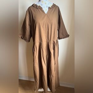 Women's Brown Ruffle-Trim Midi Dress